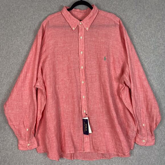 Polo Ralph Lauren Shirt Mens 3XB Pink 100% Linen Long Sleeve Button Down Shirt - Picture 1 of 12